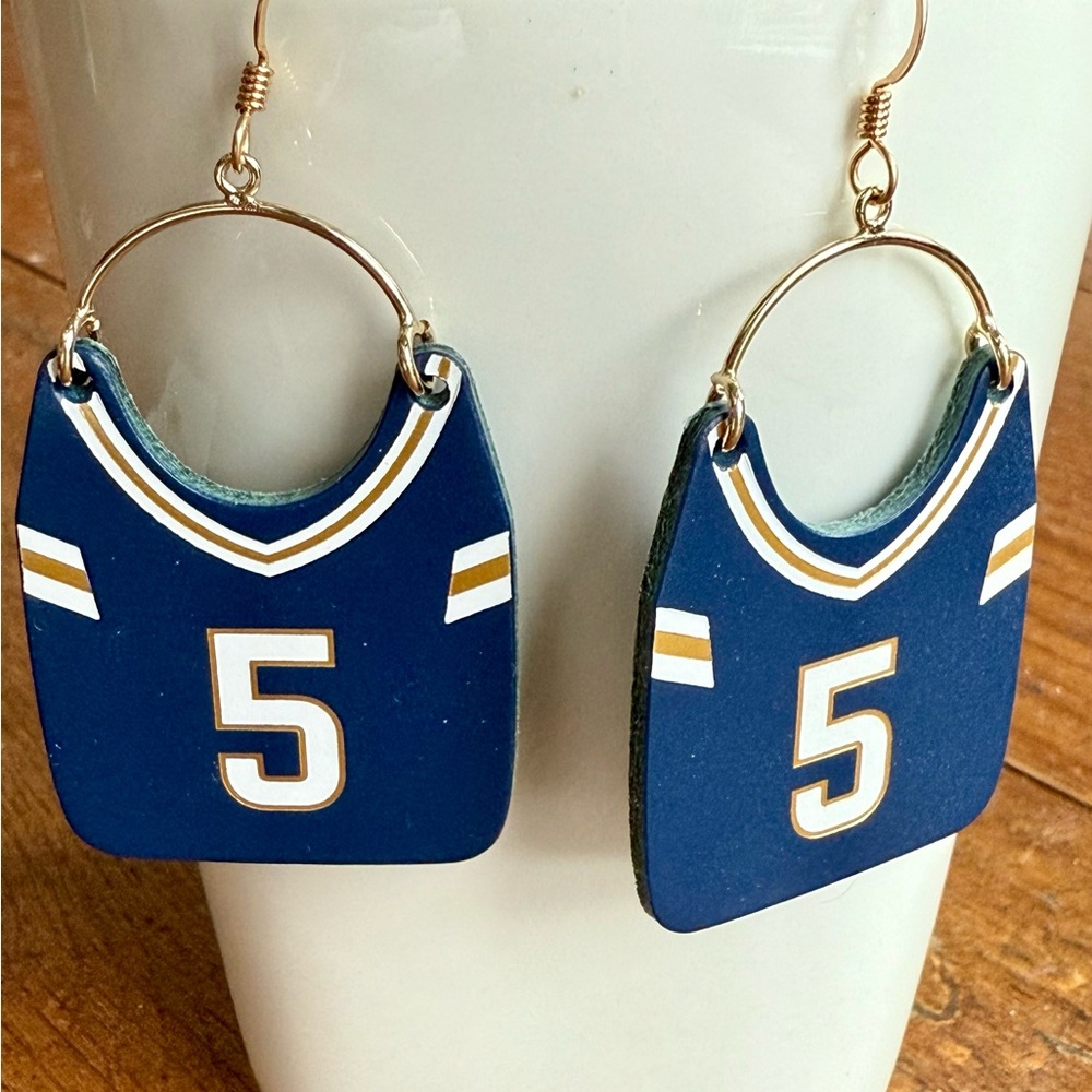 Nickel & Suede Jersey Number Earrings. Navy/Gold/White.